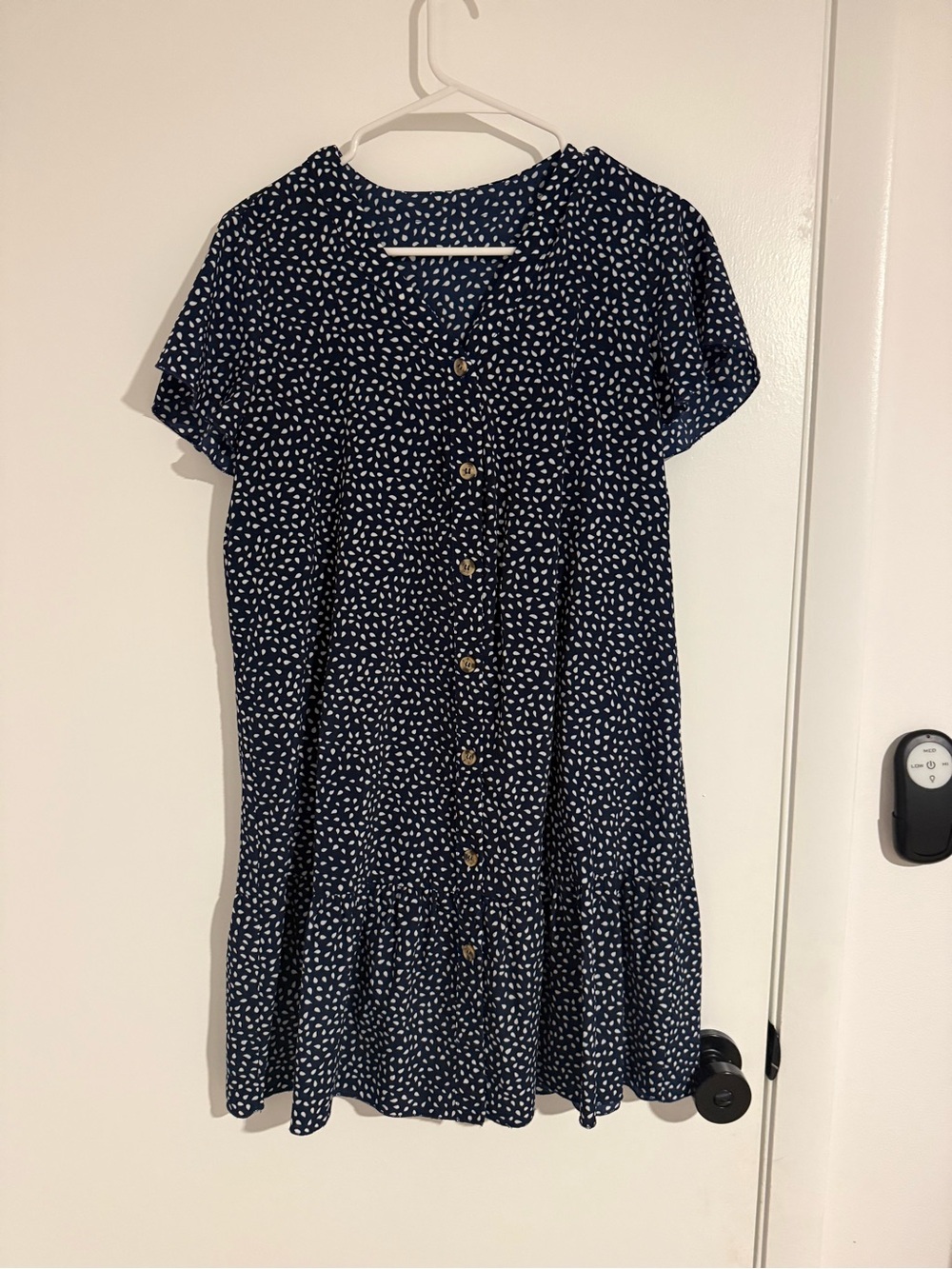 Navy Blue Button Front Mini Dress White Print Ruffle Hem Medium